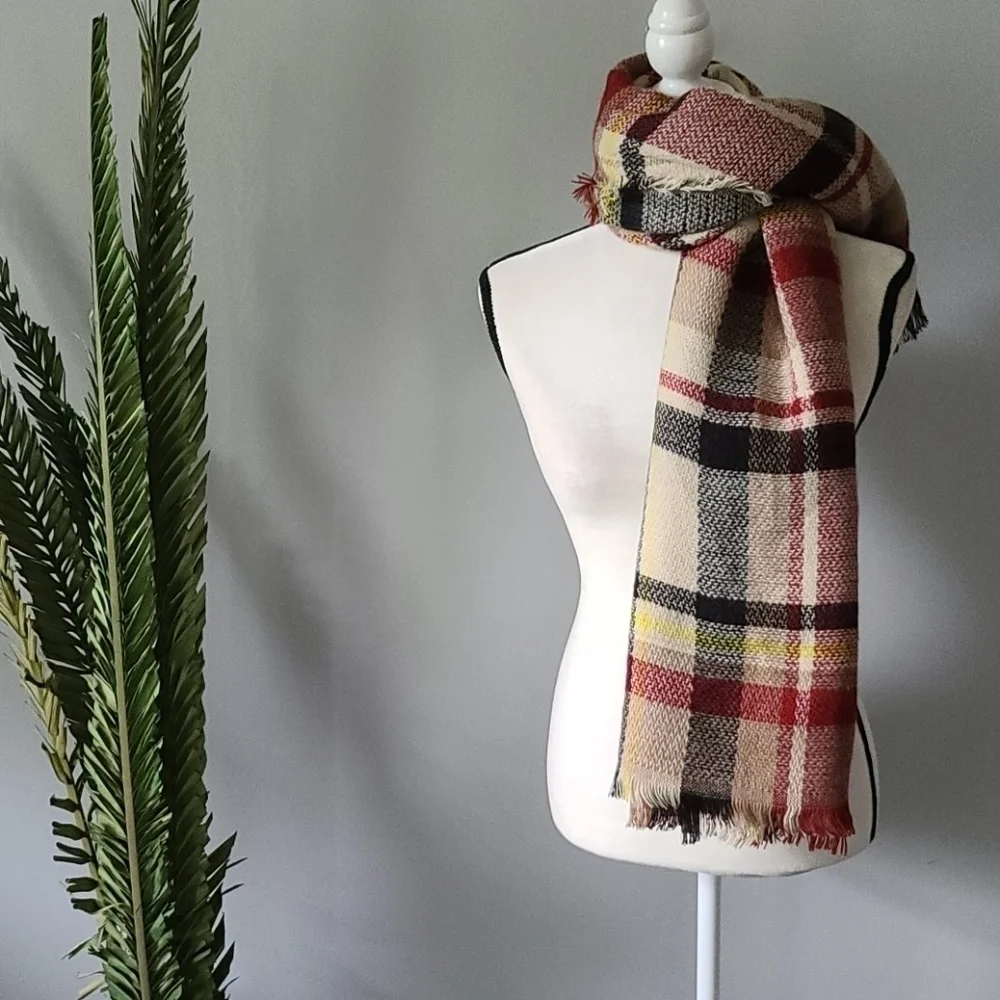 Black, red, & tan plaid square blanket scarf NWOT